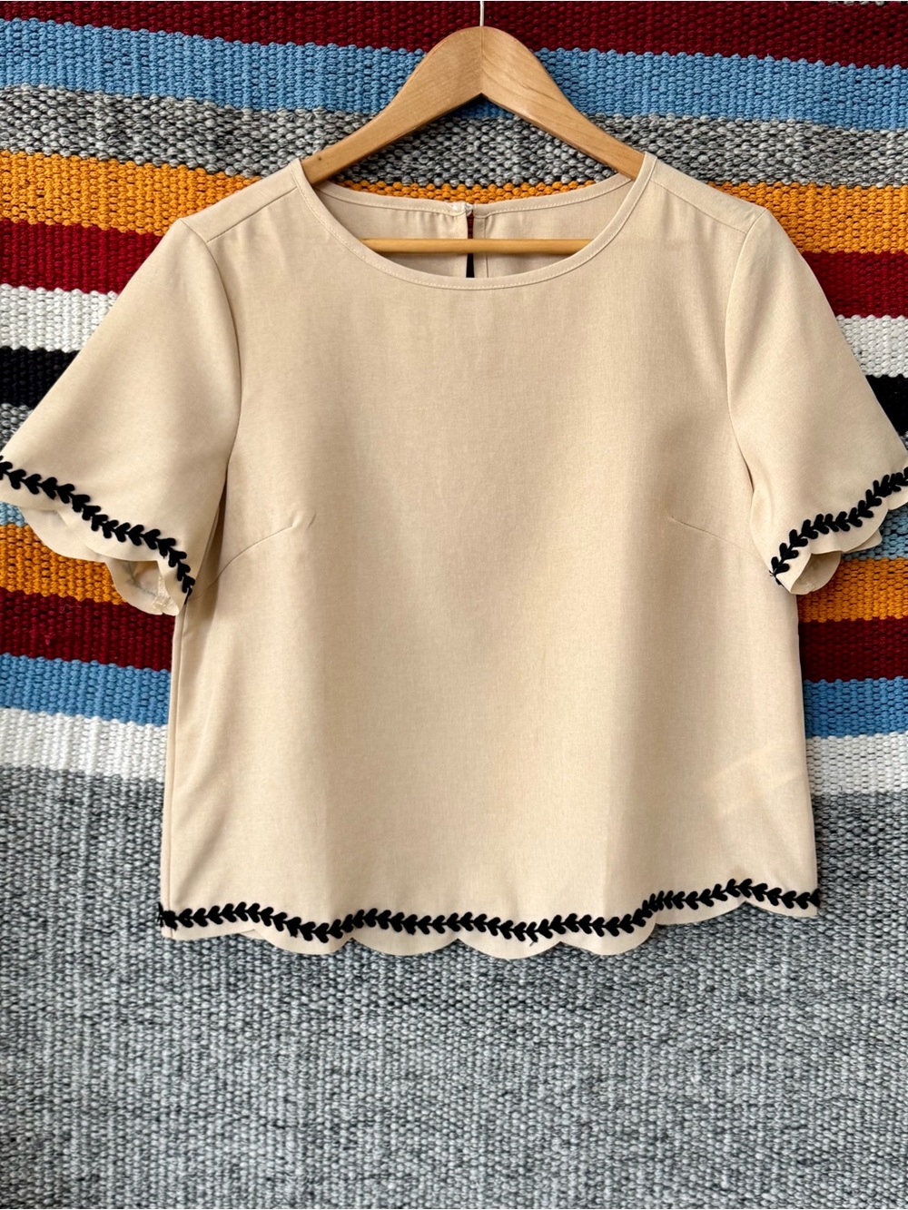 Beige Short Sleeve Top with Black Trim